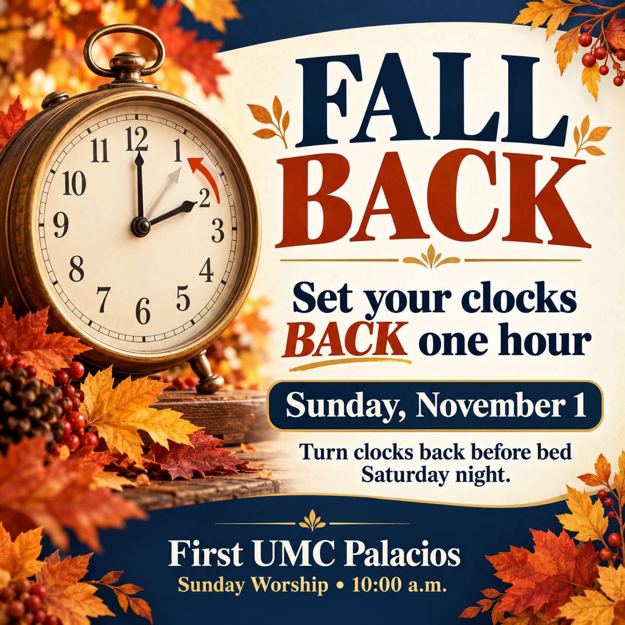 Fall back: set clocks back one hour before bed Saturday night. Sunday, November 1. First UMC Palacios worship at 10:00 a.m.